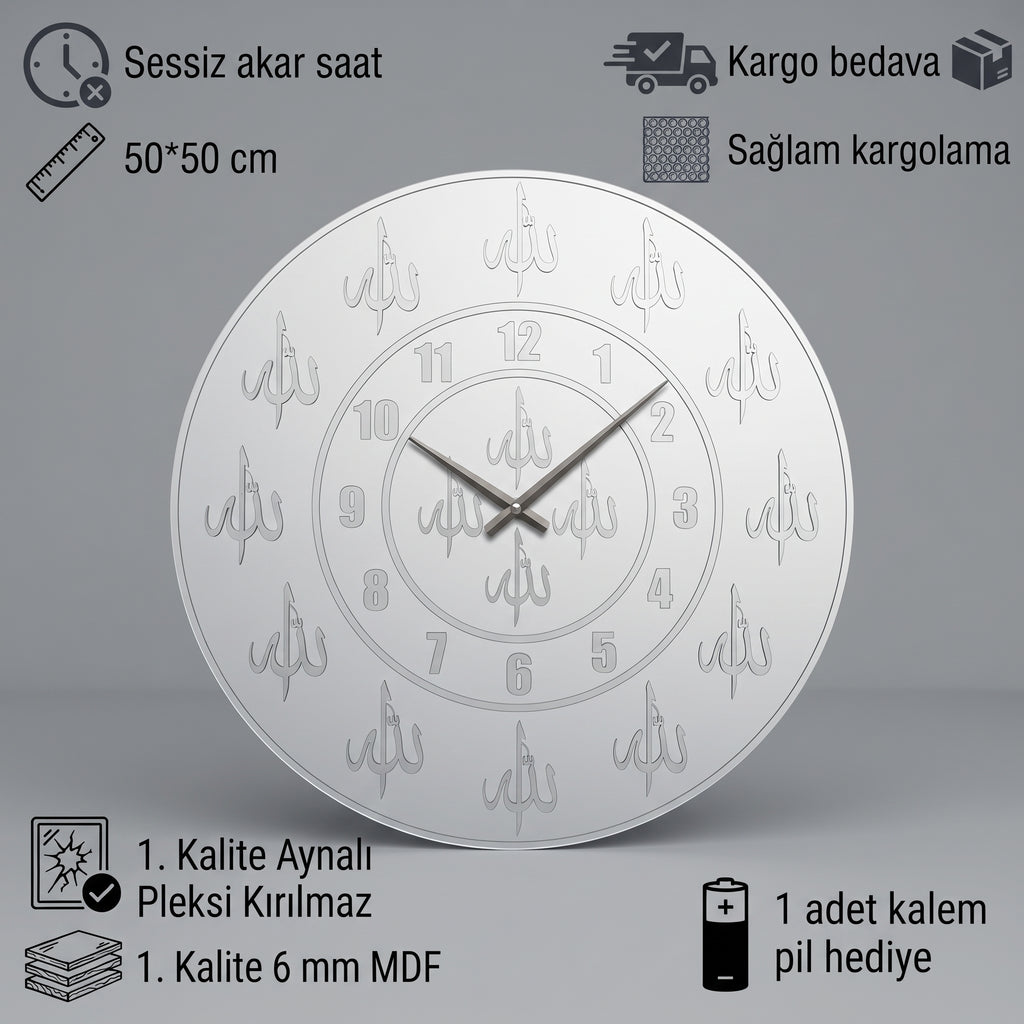 Allah Yazılı Duvar Saati Beyaz Mdf Gümüş Pleksiglas 50 cm