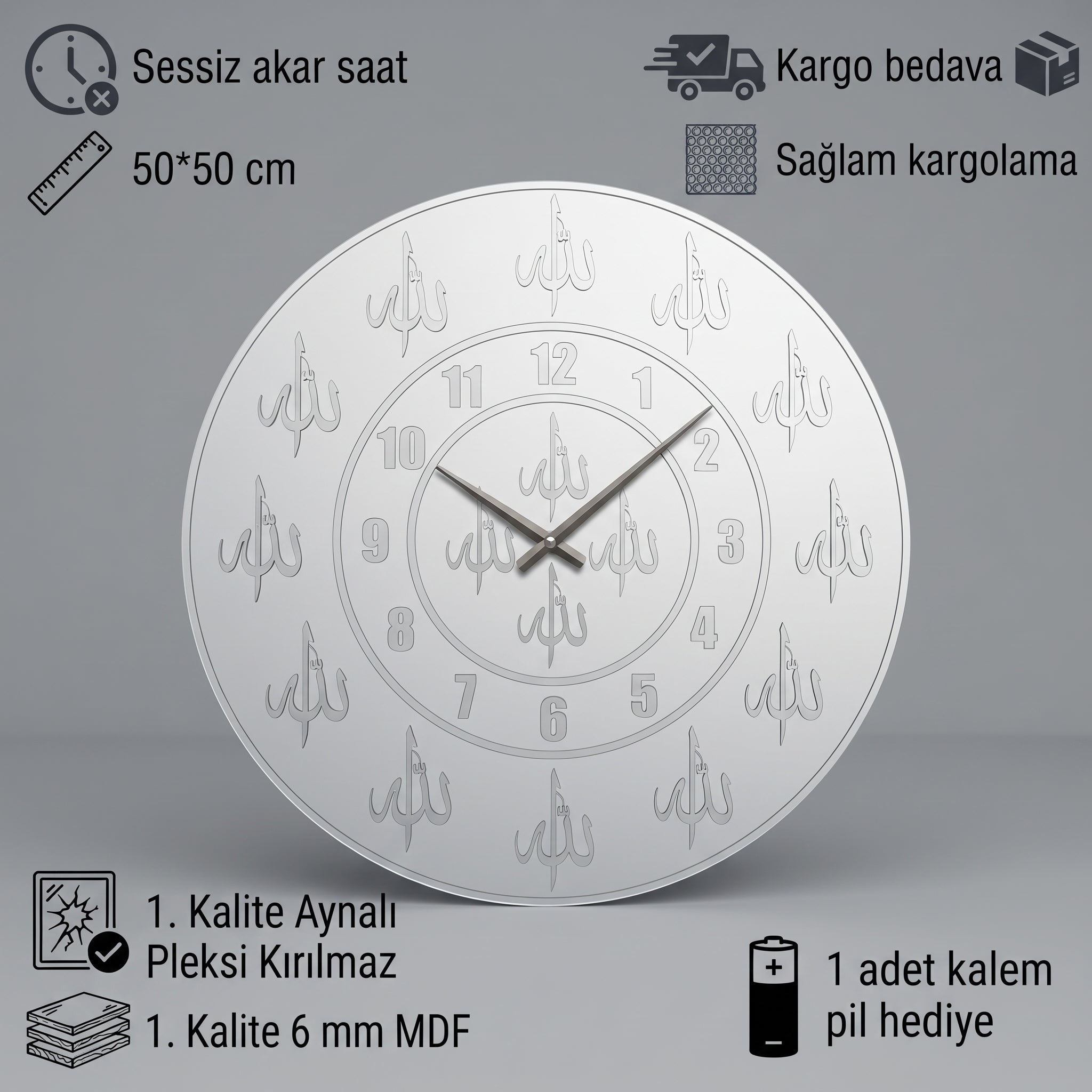 Allah Yazılı Duvar Saati Beyaz Mdf Gümüş Pleksiglas 50 cm