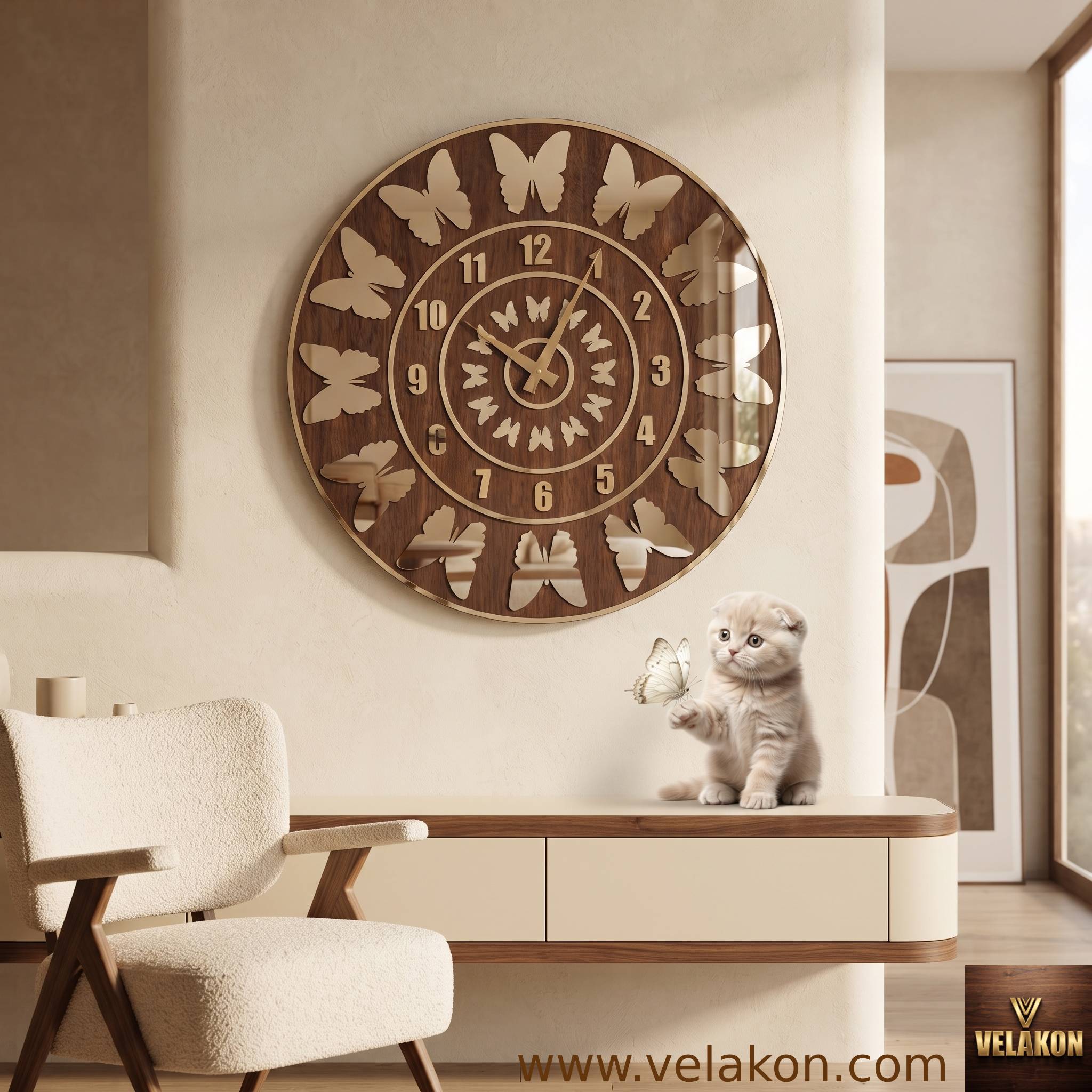 Kelebek Desenli Duvar Saati Ahşap Mdf Altın Pleksiglas 50 cm