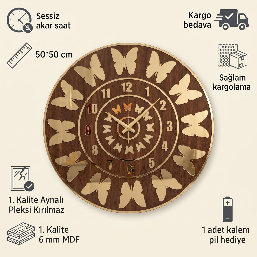 Kelebek Desenli Duvar Saati Ahşap Mdf Altın Pleksiglas 50 cm