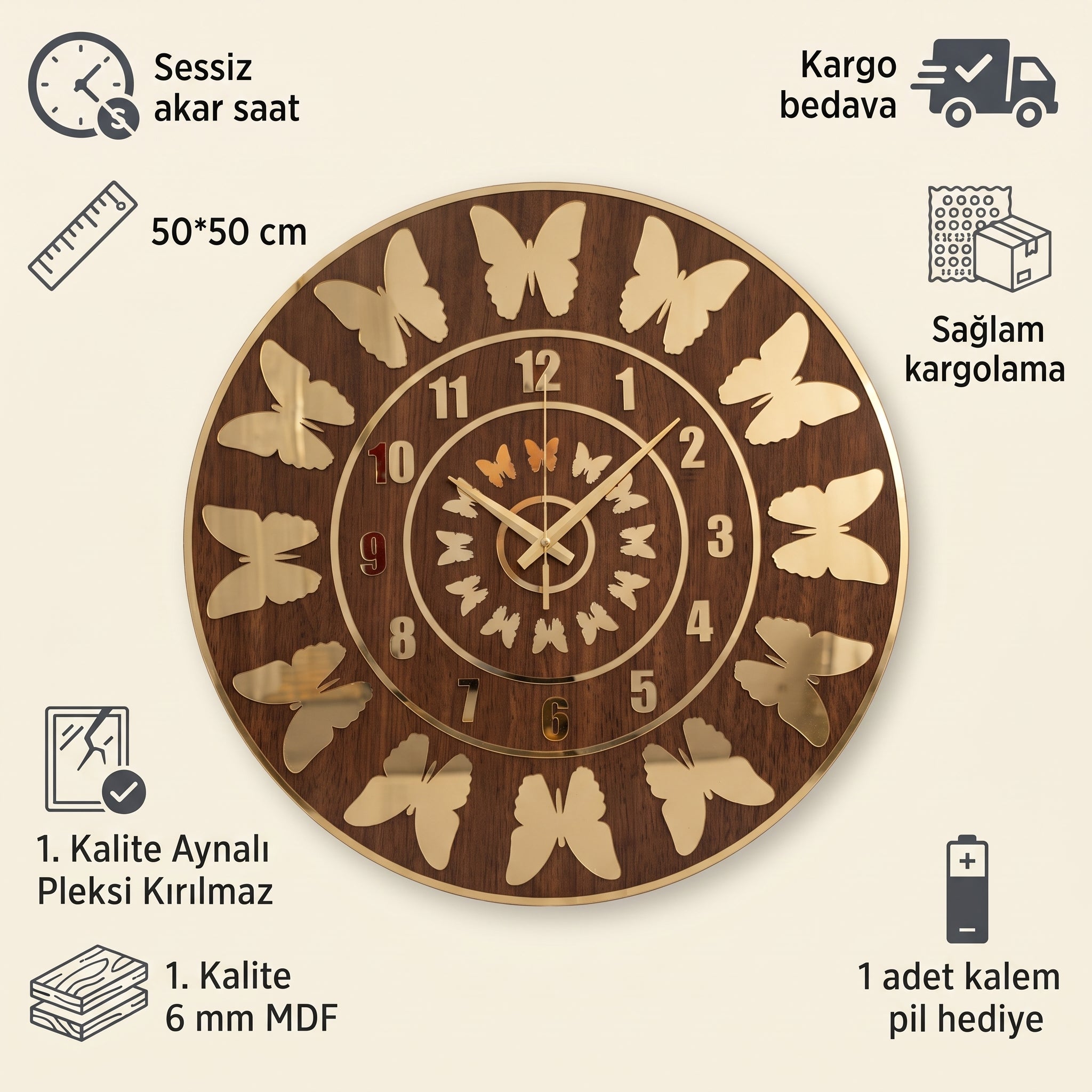 Kelebek Desenli Duvar Saati Ahşap Mdf Altın Pleksiglas 50 cm