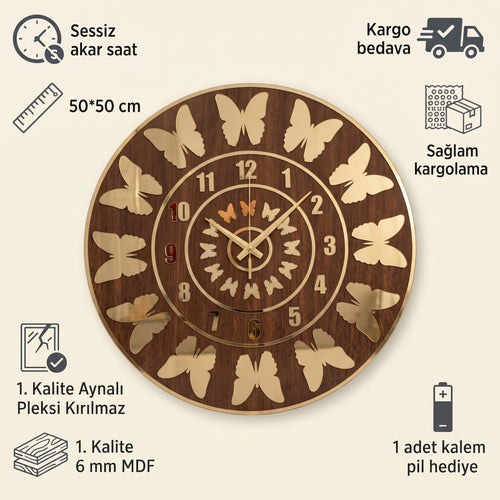 Kelebek Desenli Duvar Saati Ahşap Mdf Altın Pleksiglas 50 cm