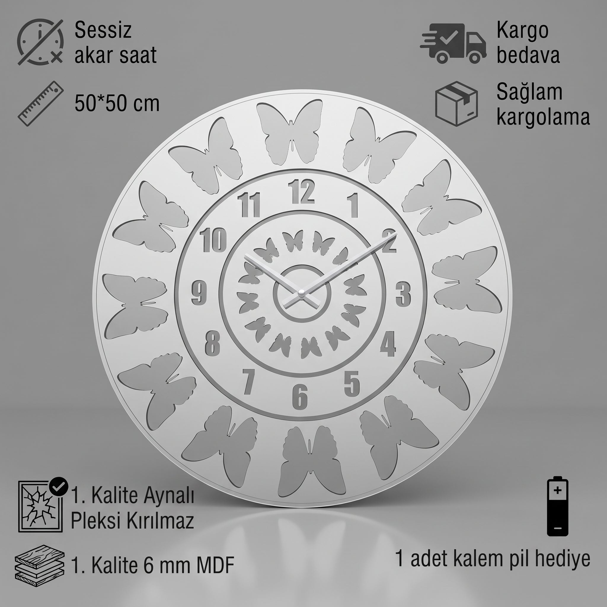 Kelebek Desenli Duvar Saati Beyaz Mdf Gümüş Pleksiglas