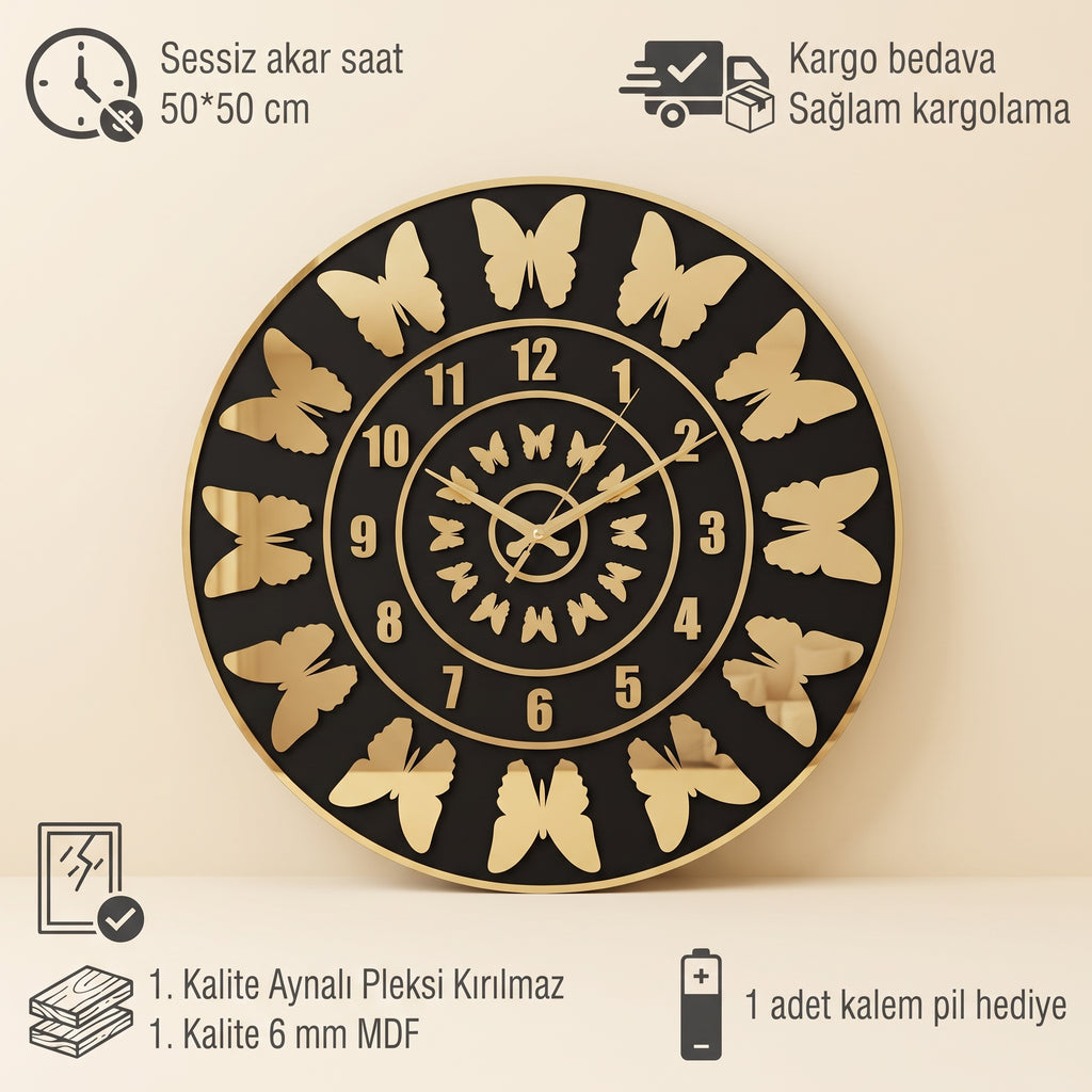 Kelebek Desenli Duvar Saati Siyah Mdf Altın Pleksiglas 50 cm