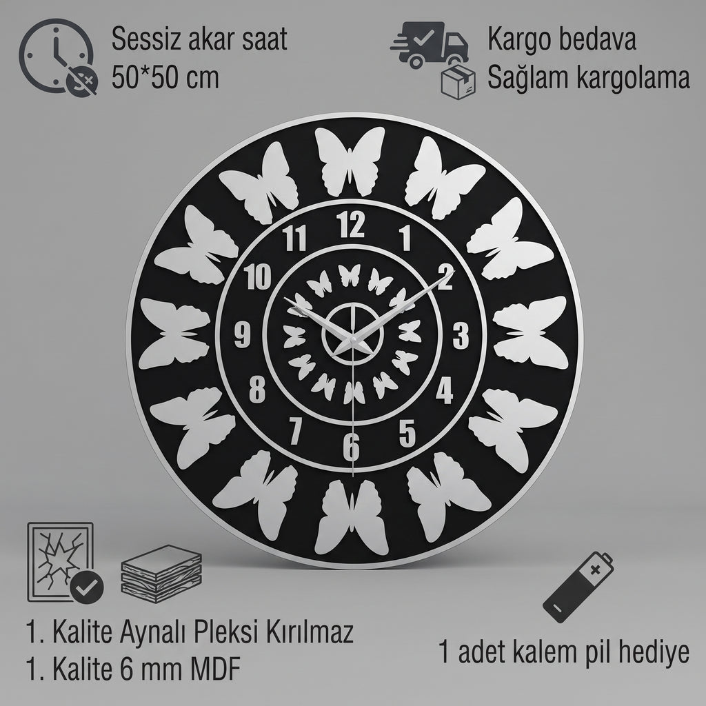Kelebek Desenli Duvar Saati Siyah Mdf Gümüş Pleksiglas 50 cm