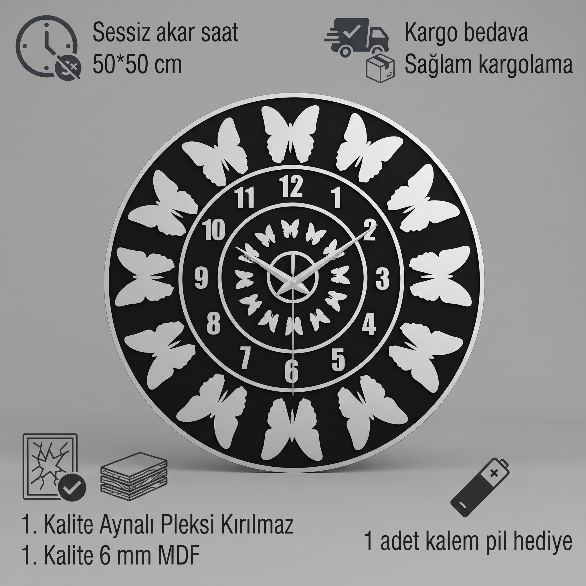 Kelebek Desenli Duvar Saati Siyah Mdf Gümüş Pleksiglas 50 cm