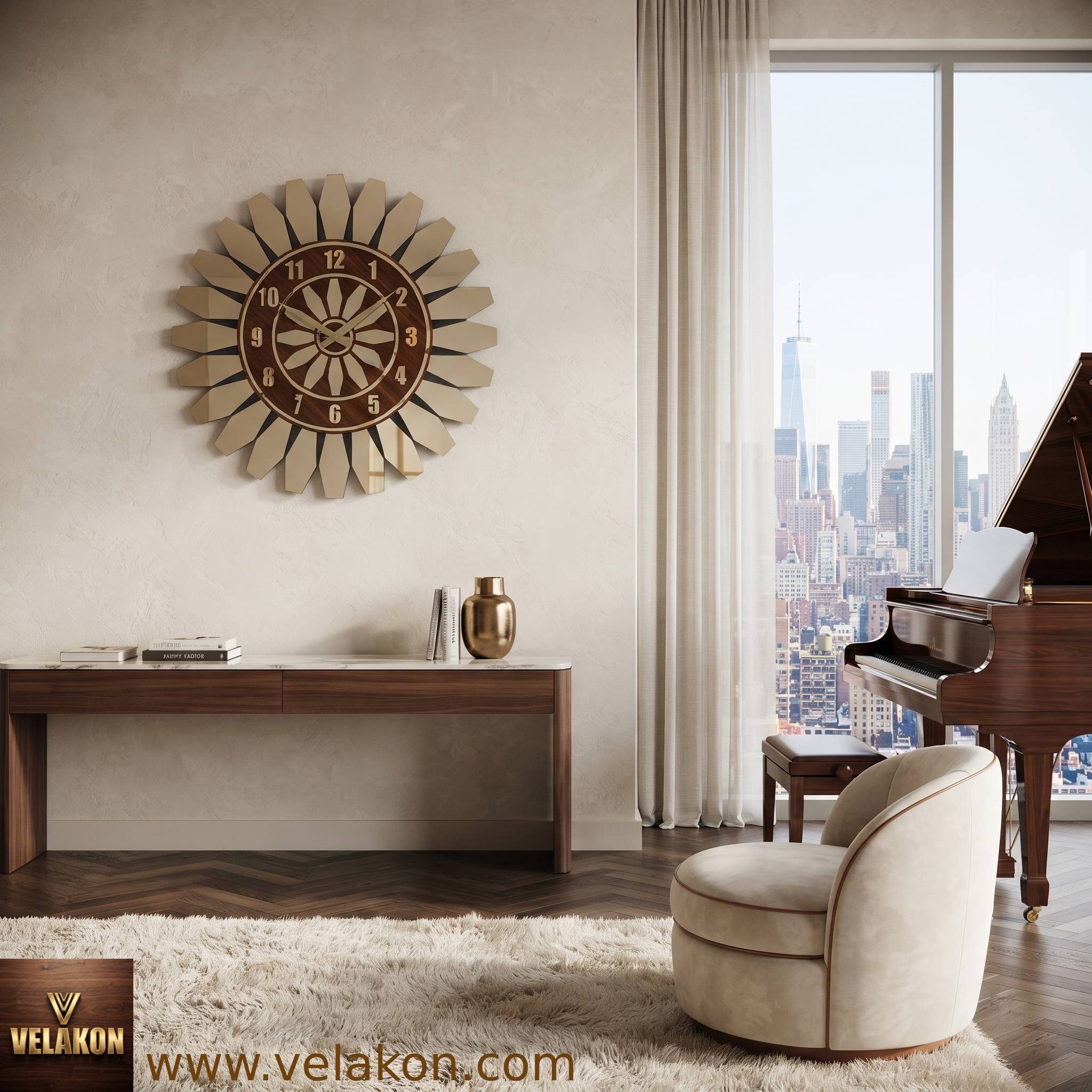 Modern Duvar Saati Ahşap Mdf Altın Pleksiglas 50 cm