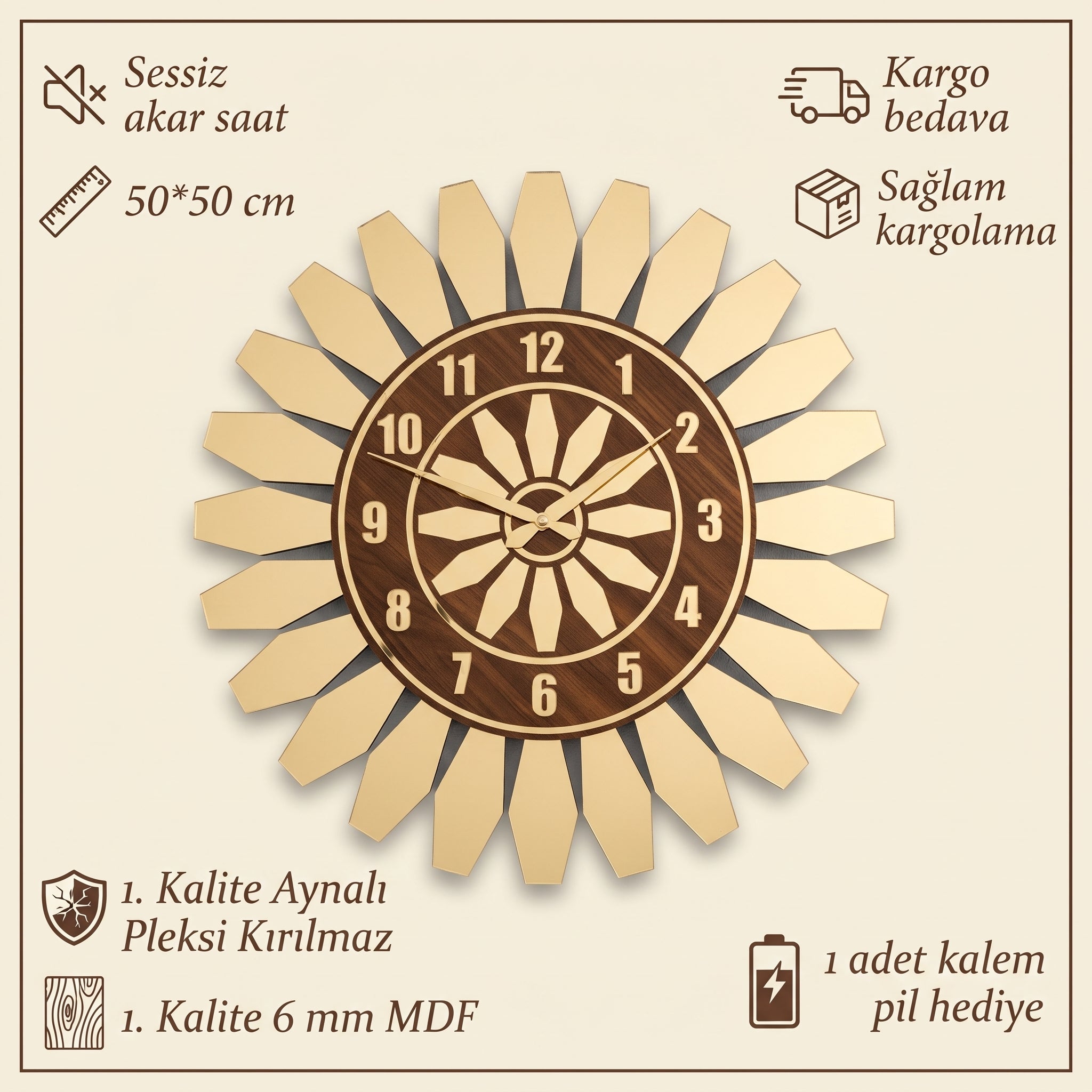 Modern Duvar Saati Ahşap Mdf Altın Pleksiglas 50 cm