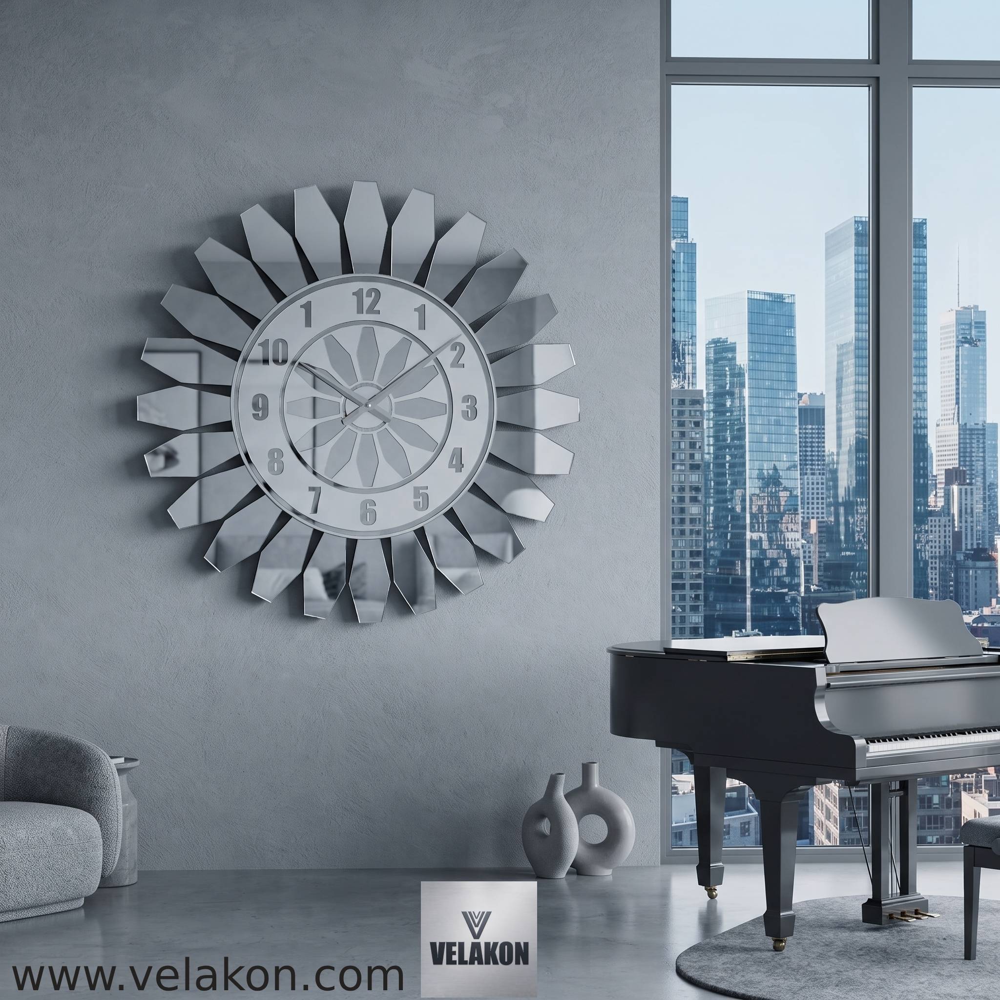 Modern Duvar Saati Beyaz Mdf Gümüş Pleksiglas 50 cm