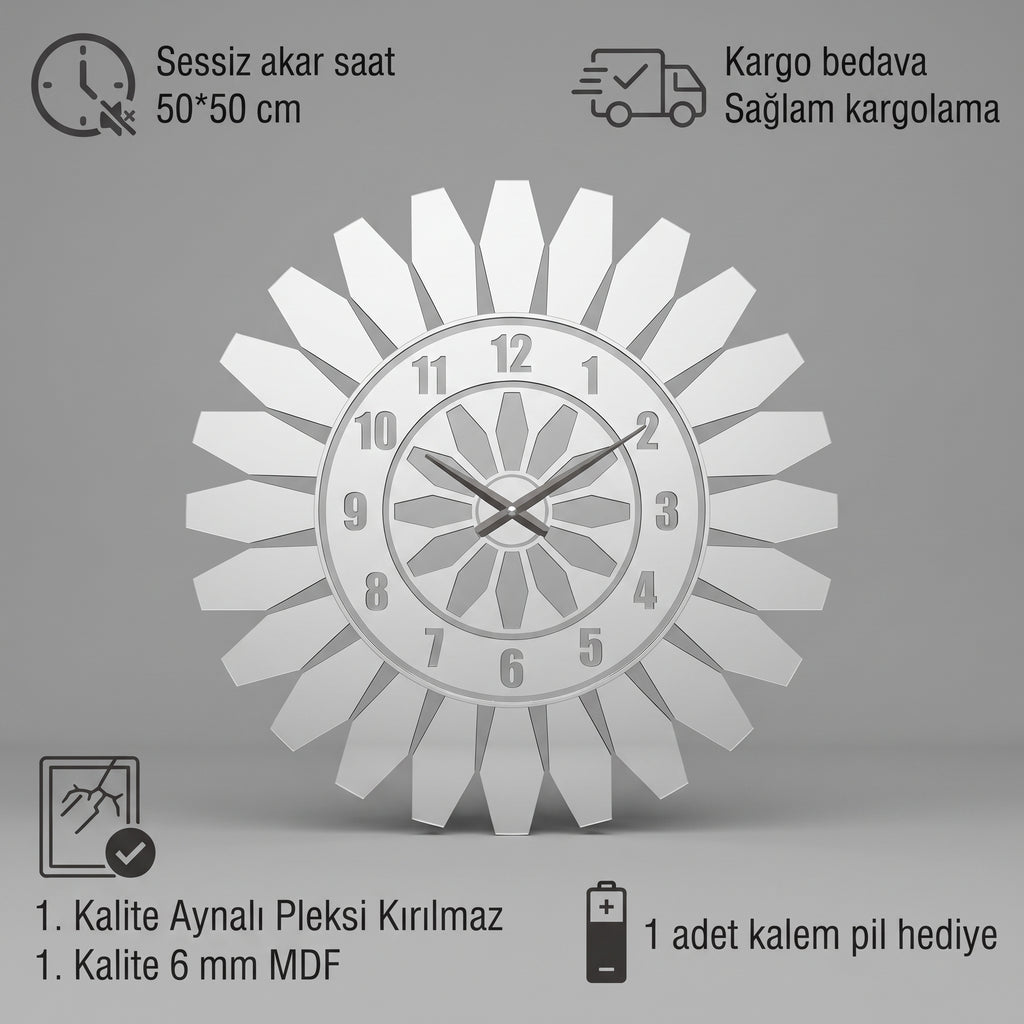 Modern Duvar Saati Beyaz Mdf Gümüş Pleksiglas 50 cm