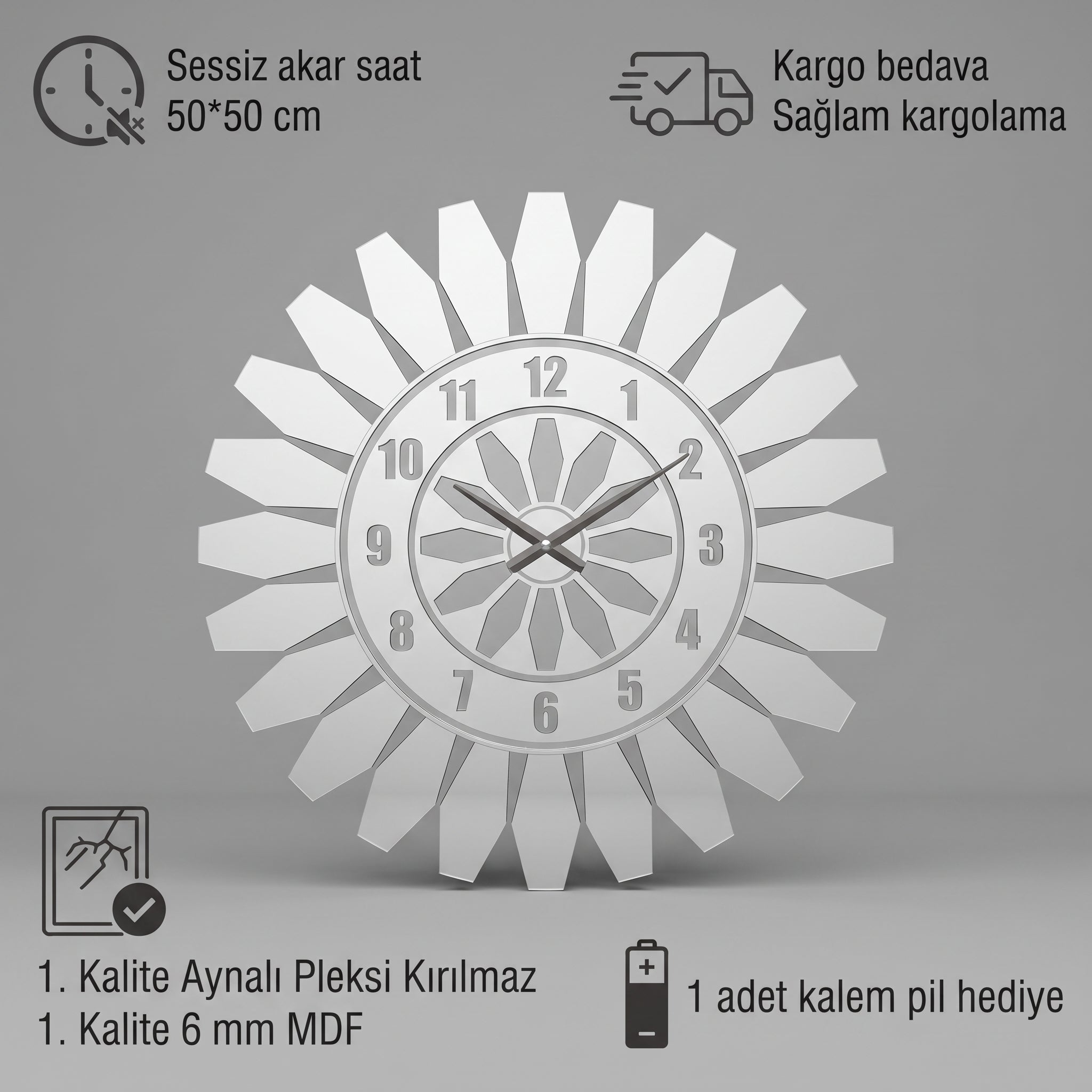 Modern Duvar Saati Beyaz Mdf Gümüş Pleksiglas 50 cm