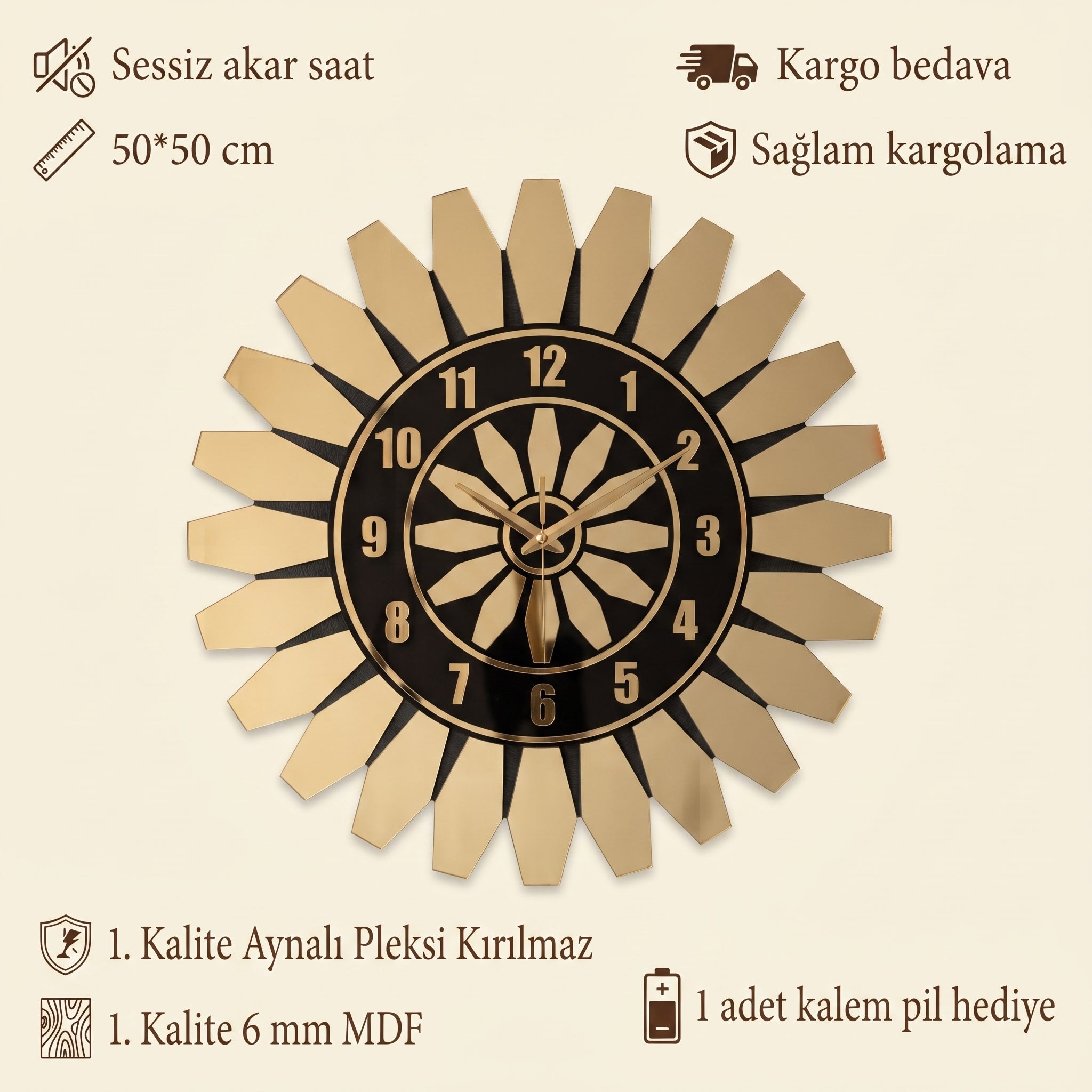 Modern Duvar Saati Siyah Mdf Altın Pleksiglas 50 cm