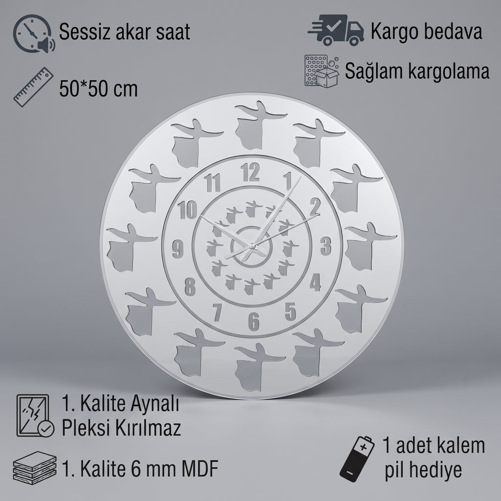 Semazen Figürlü Duvar Saati Beyaz Mdf Gümüş Pleksiglas 50 cm
