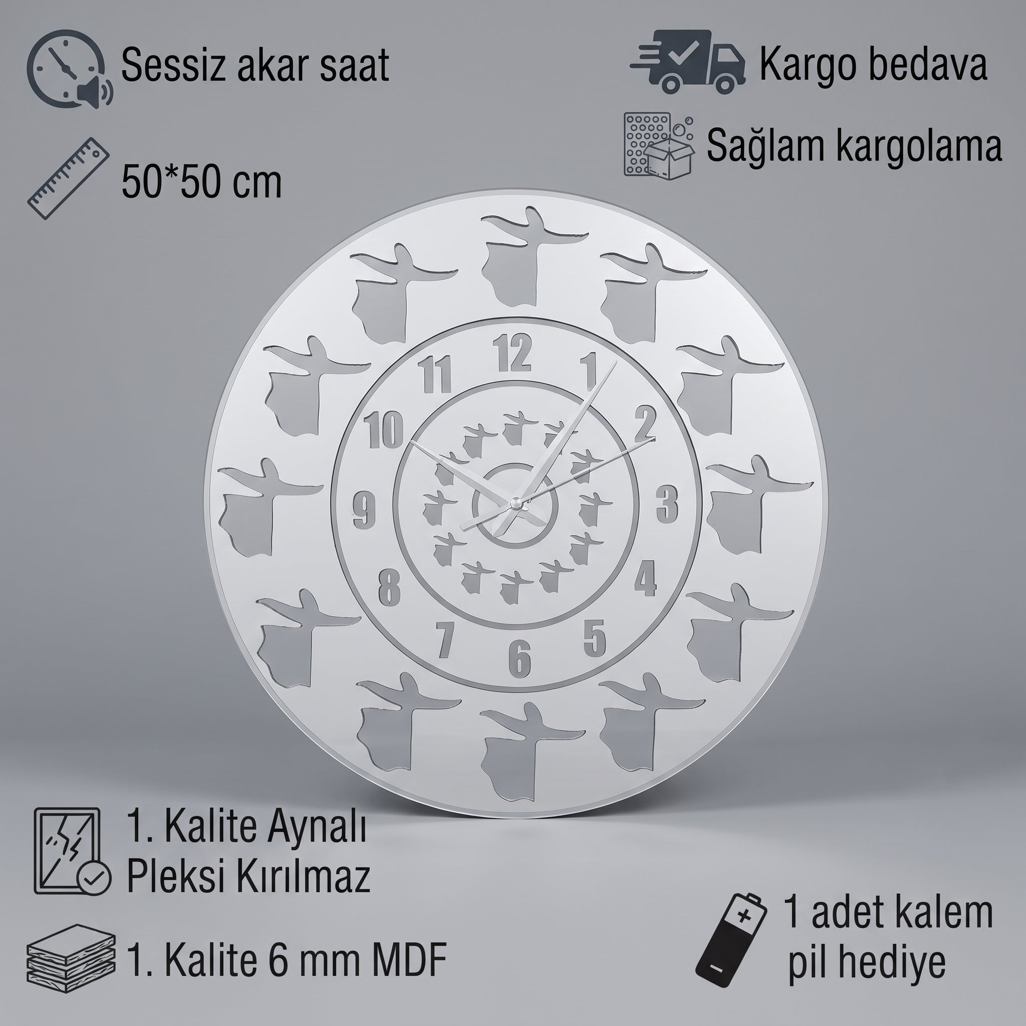Semazen Figürlü Duvar Saati Beyaz Mdf Gümüş Pleksiglas 50 cm