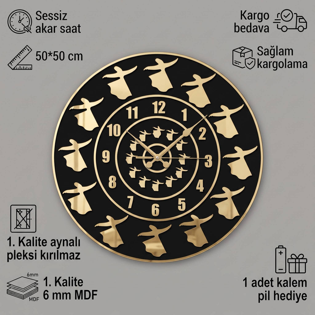 Semazen Figürlü Duvar Saati Siyah Mdf Altın Pleksiglas 50 cm