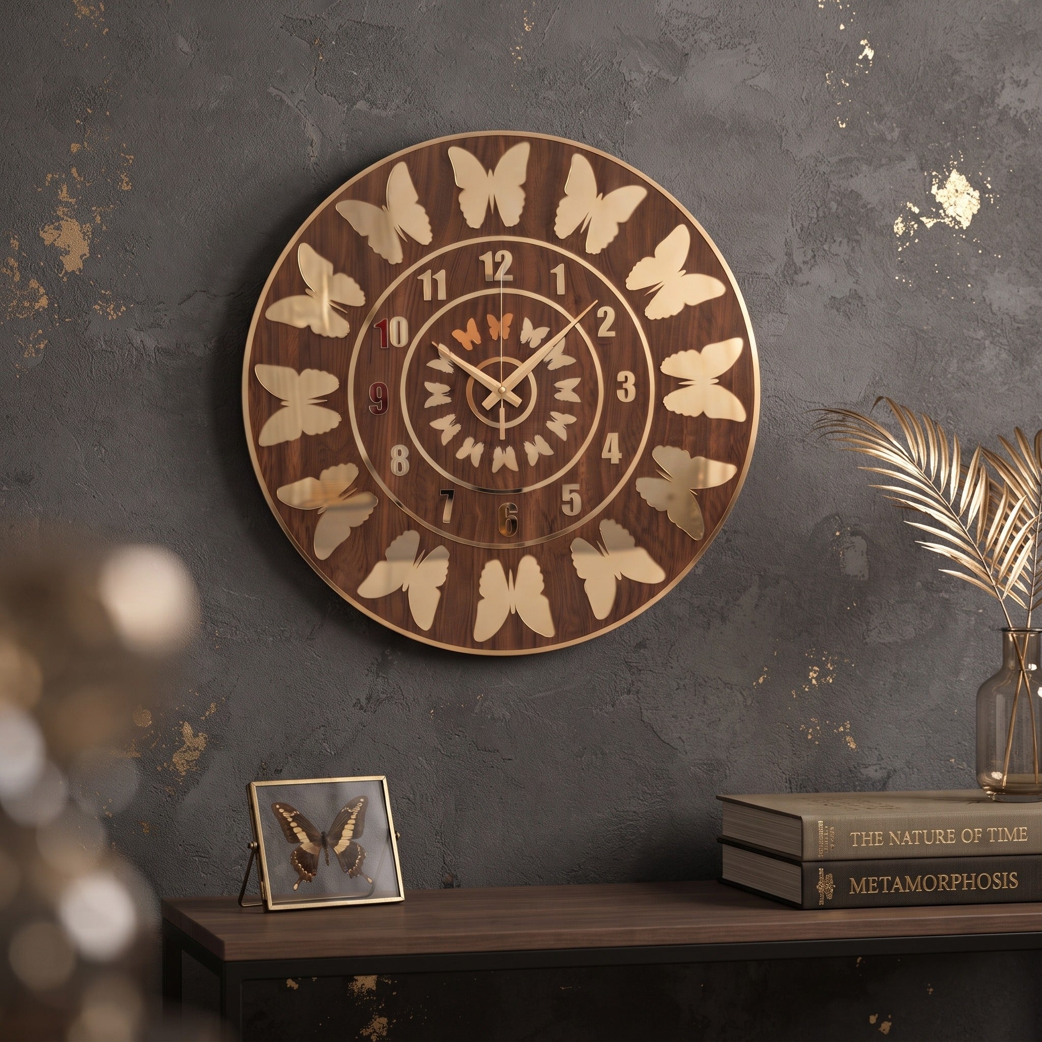 Kelebek Desenli Duvar Saati Ahşap Mdf Altın Pleksiglas 50 cm