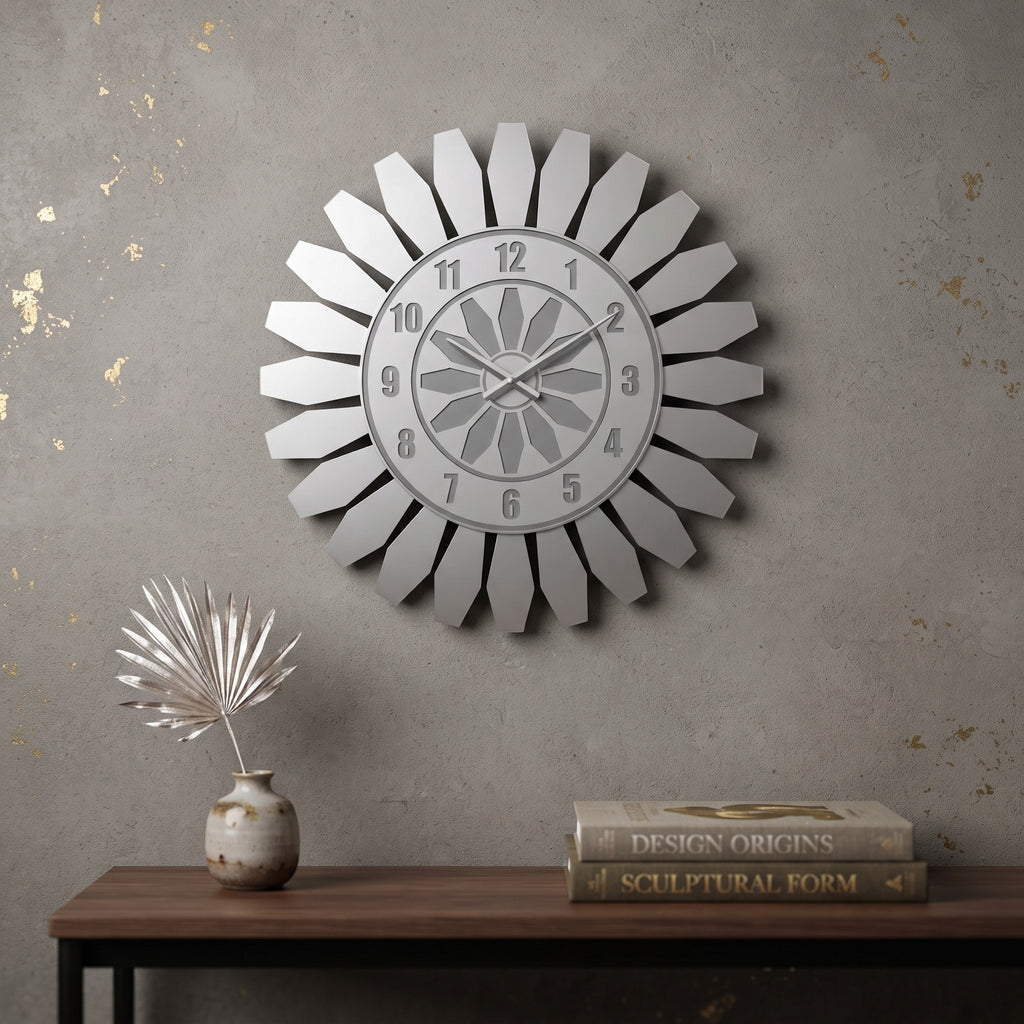 Modern Duvar Saati Beyaz Mdf Gümüş Pleksiglas 50 cm