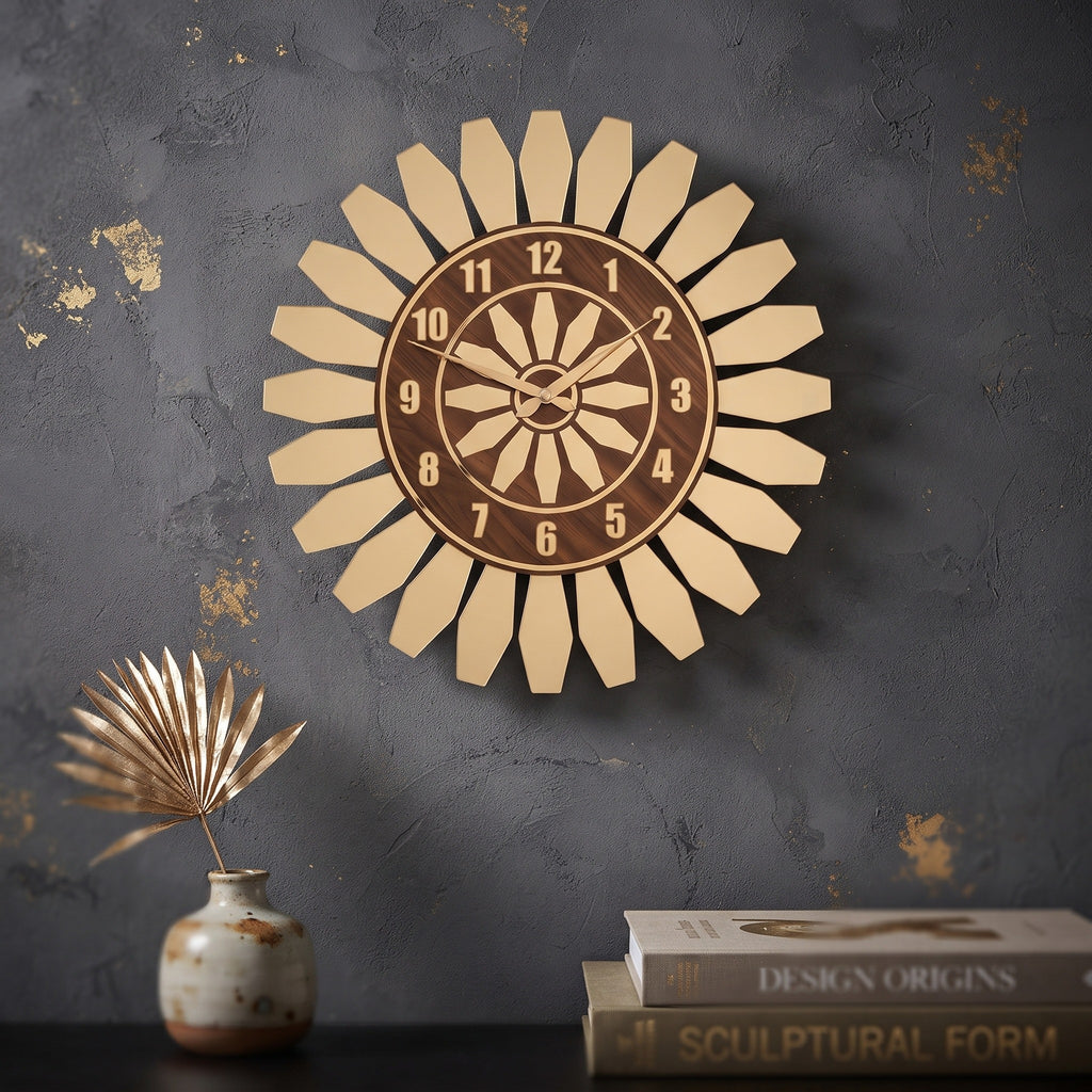 Modern Duvar Saati Ahşap Mdf Altın Pleksiglas 50 cm