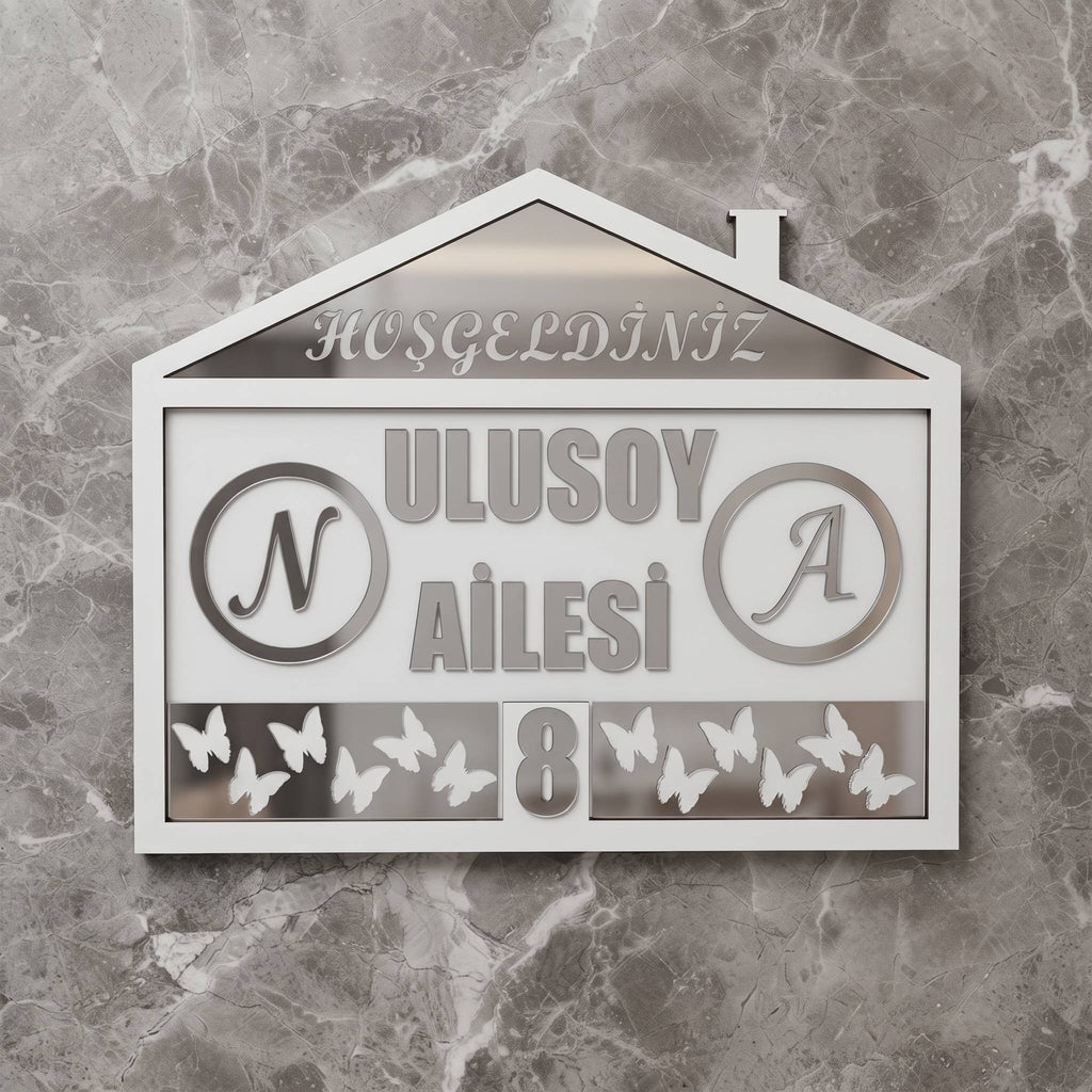 * Kişiye Özel Kelebek Tasarım Kapı İsimliği & Süsü Mdf Pleksi      25 x 20 cm - Velakon