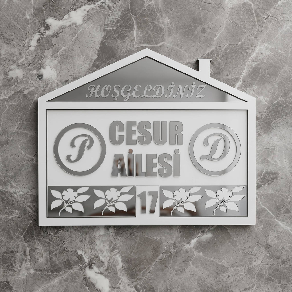 * Kişiye Özel Çiçek Tasarım Kapı İsimliği & Süsü Mdf Pleksi      25 x 20 cm - Velakon