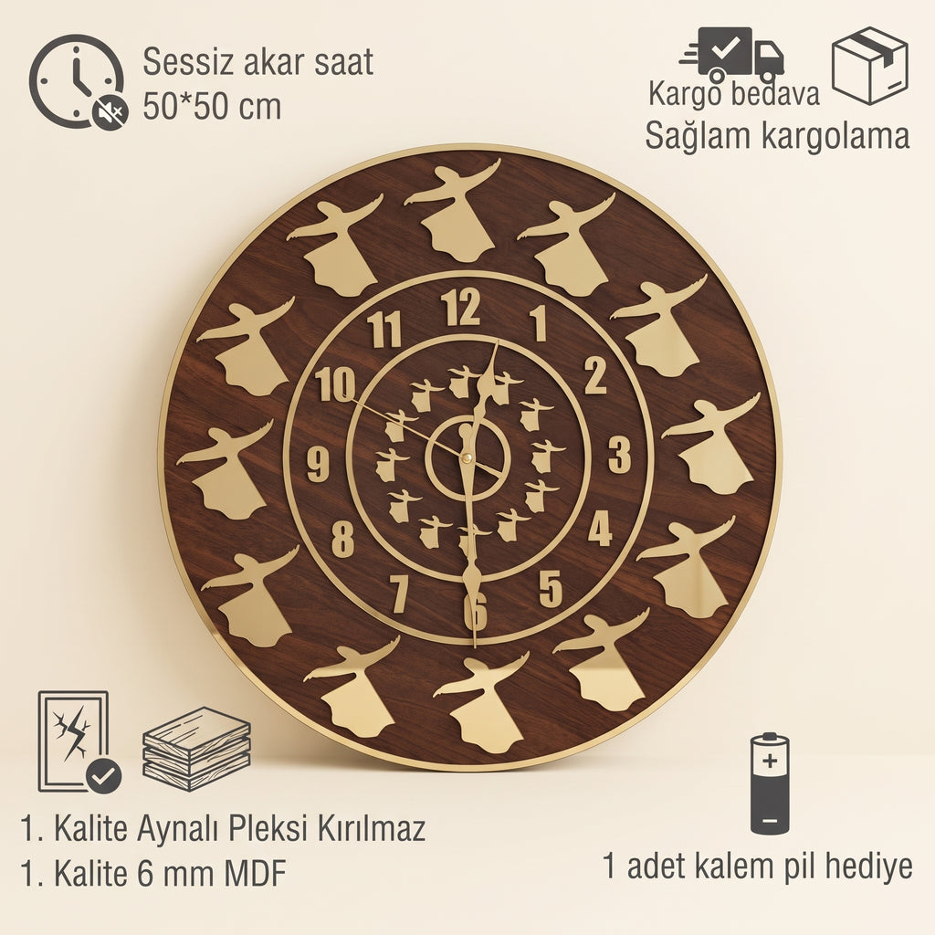 Semazen Figürlü Duvar Saati Ahşap Mdf Altın Pleksiglas 50 cm