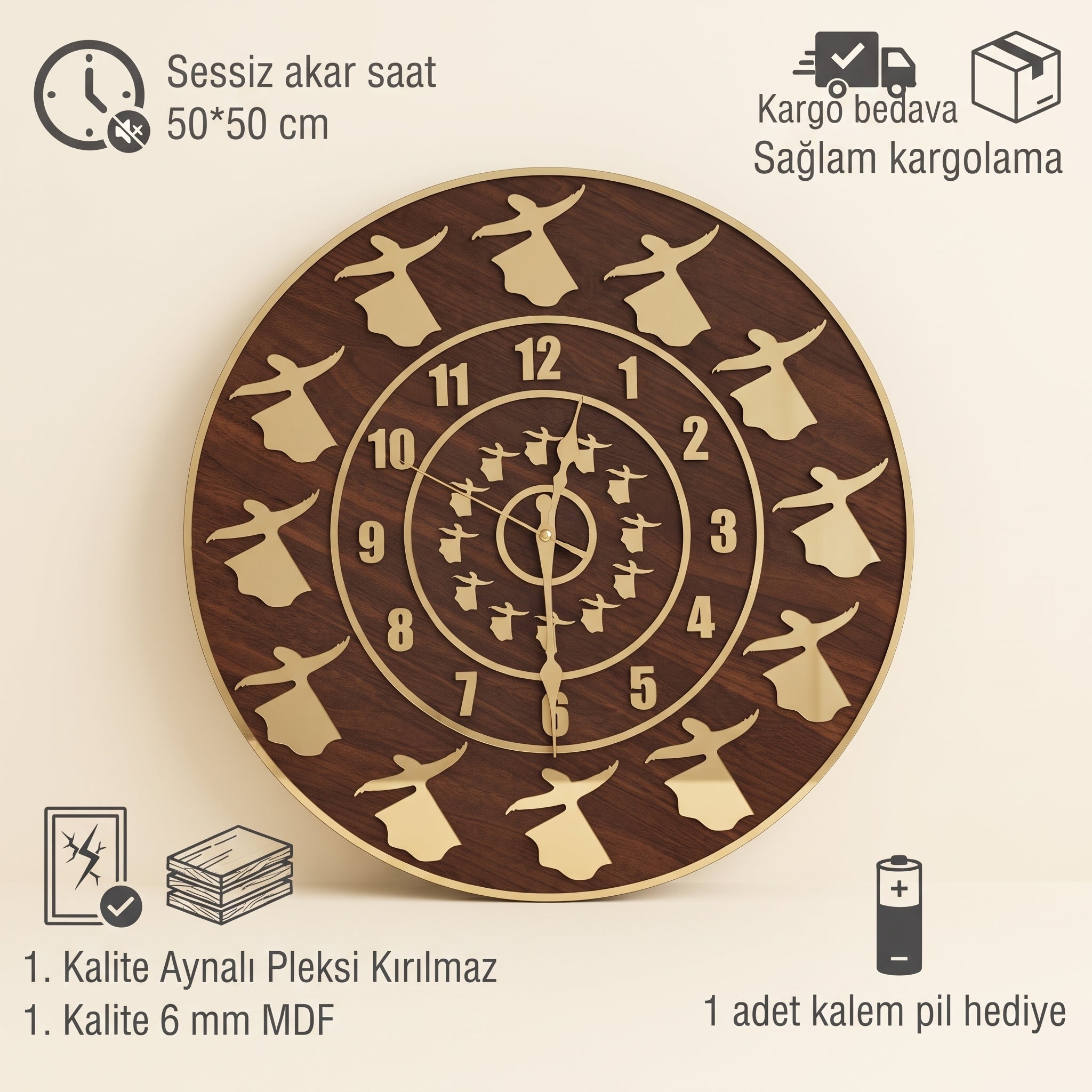 Semazen Figürlü Duvar Saati Ahşap Mdf Altın Pleksiglas 50 cm