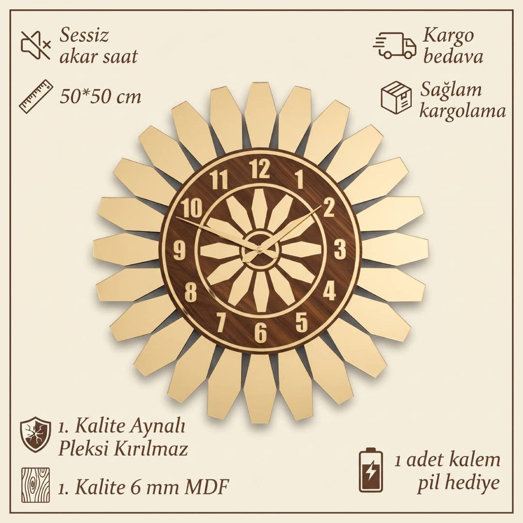 Modern Ahşap MDF Altın Pleksi Dekoratif Duvar Saati 50 cm | Velakon