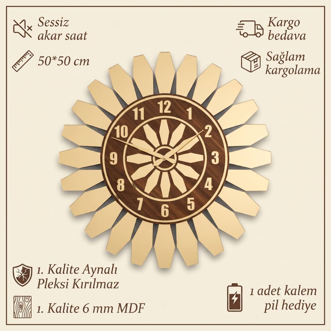 Modern Ahşap MDF Altın Pleksi Dekoratif Duvar Saati 50 cm | Velakon
