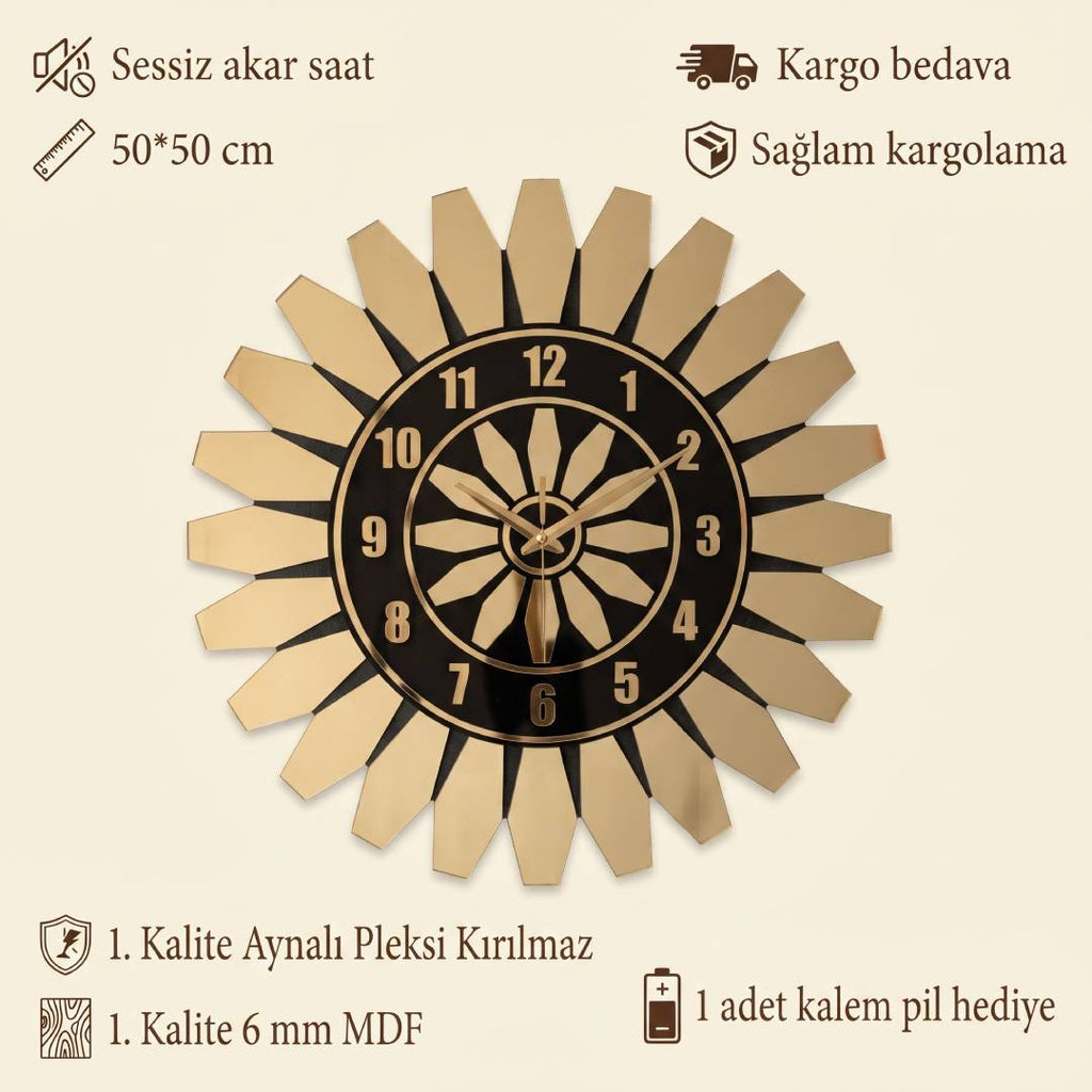 Modern Siyah MDF Altın Pleksi Dekoratif Duvar Saati 50 cm | Velakon