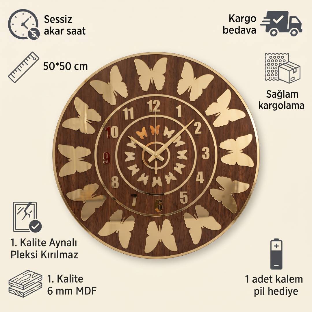 Kelebek Figürlü Ahşap MDF Altın Pleksi Duvar Saati 50 cm | Velakon