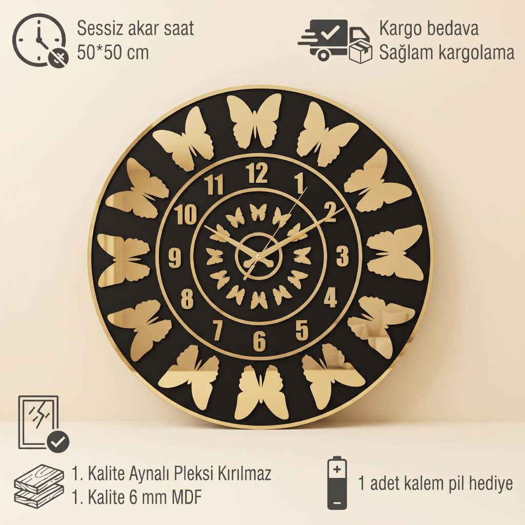 Kelebek Figürlü Siyah MDF Altın Pleksi Duvar Saati 50 cm | Velakon