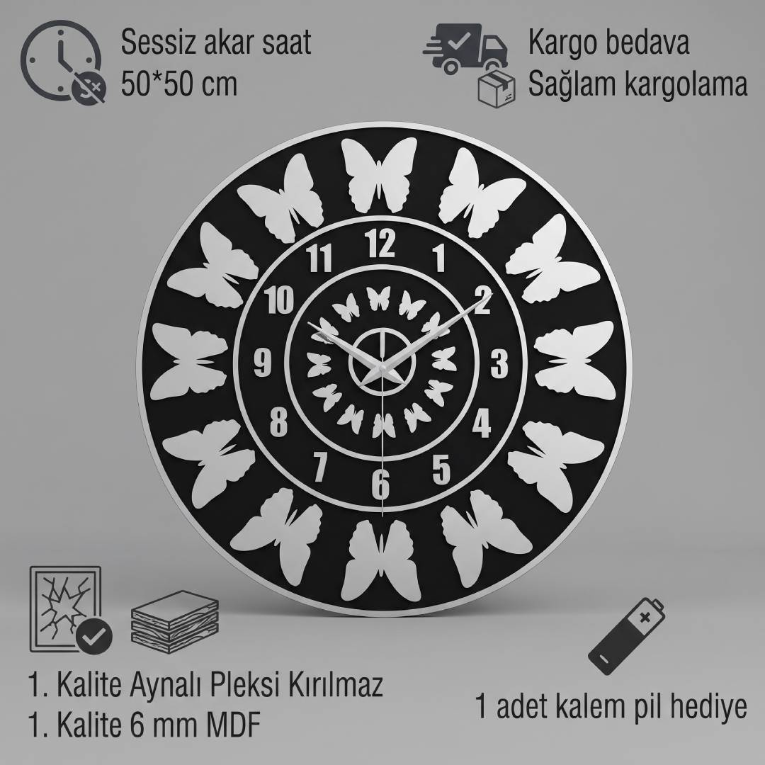 Kelebek Figürlü Siyah MDF Gümüş Pleksi Duvar Saati 50 cm | Velakon