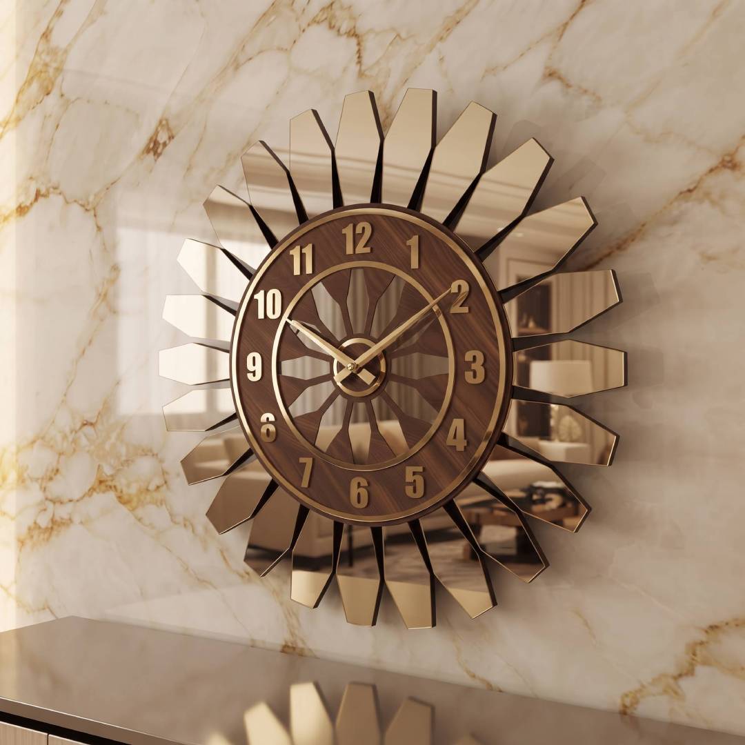 Modern Ahşap MDF Altın Pleksi Dekoratif Duvar Saati 50 cm | Velakon