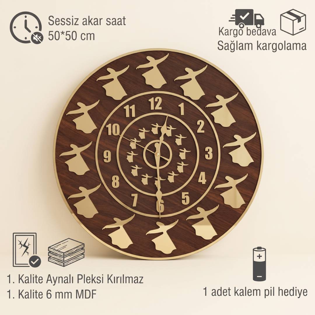 Semazen Figürlü Ahşap MDF Altın Pleksi Duvar Saati 50 cm | Velakon
