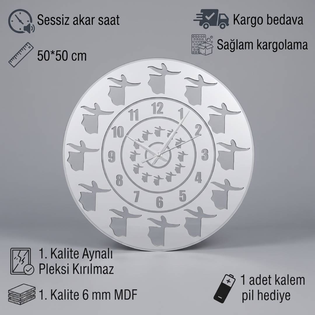 Semazen Figürlü Beyaz MDF Gümüş Pleksi Duvar Saati 50 cm | Velakon