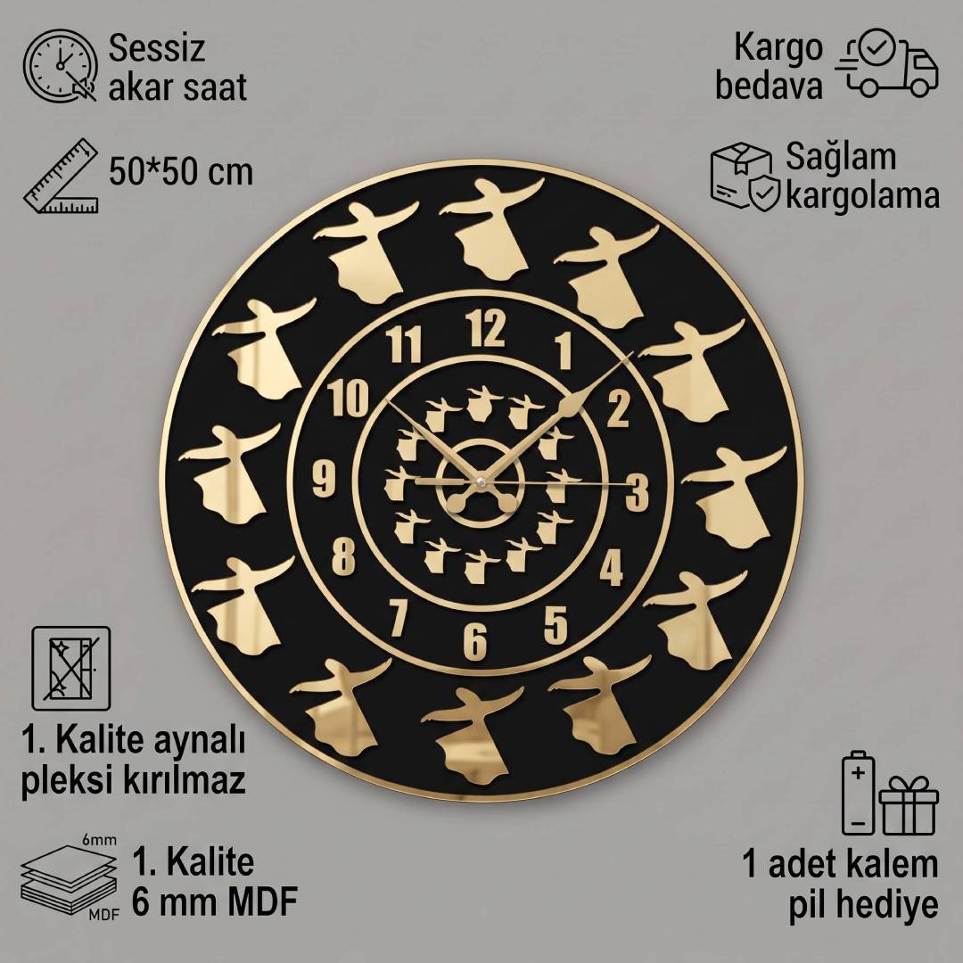 Semazen Figürlü Siyah MDF Altın Pleksi Duvar Saati 50 cm | Velakon